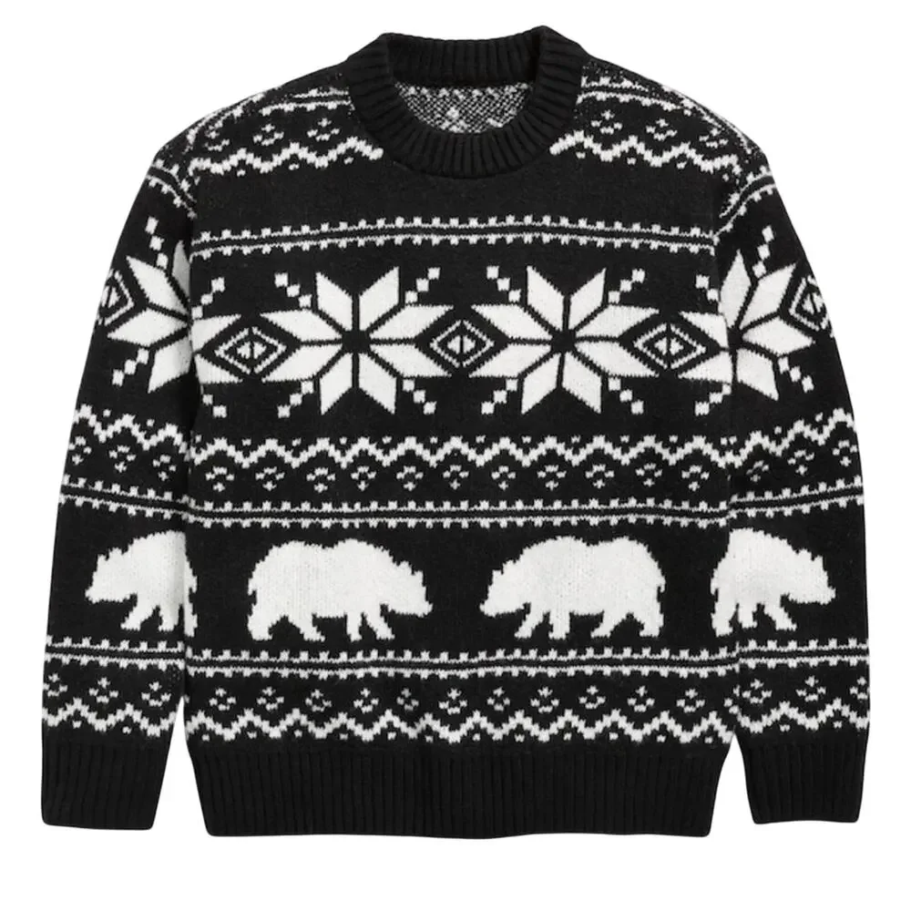 Old Navy NWT Black White Polar Bear Fair Isle Intarsia Knit Sweater XL Tall